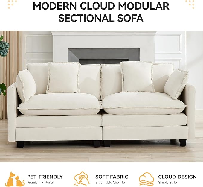 76'' Cloud Deep Seat Loveseat, Upholstered Chenille Modular 2-Seats Sectional - Image 6