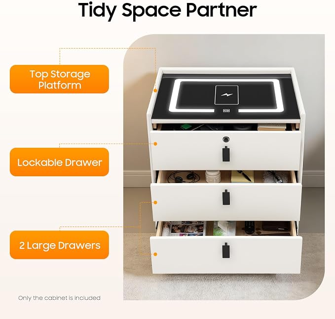 Smart Nightstand with Wireless Charging & Fingerprint Lock, 3-Drawer Bluetooth - Image 8