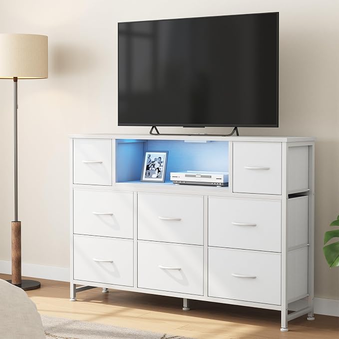 DUMOS TV Stand Dresser with 8 Fabric Drawers and Open Shelves, LED - Image 2