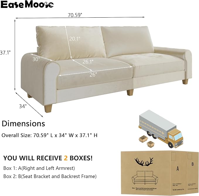 EASE MOOSE 70.6" Velvet Loveseat Sofa, Soft Deep Seat Couches - Image 2