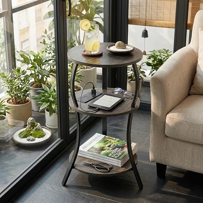 Small Round Side Table with Charging Station, 3-Tier Waist Circular End Table - Image 9