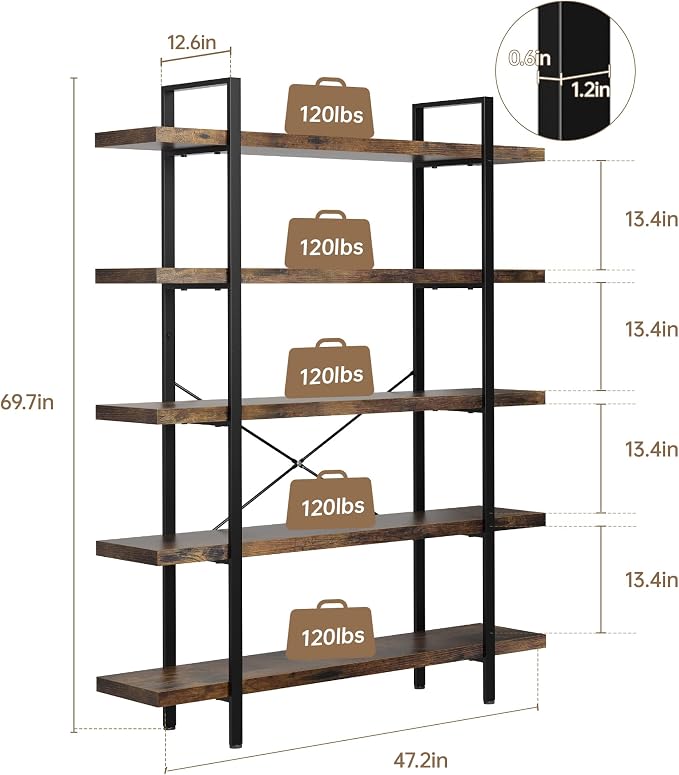 OtterOasis Bookshelf Set of 2, Heavy Duty 5-Tier Industrial Bookcase, 120lbs - Image 2