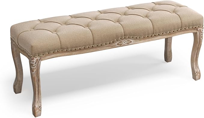 Cozyman Bedroom Bench, French Vintage Tufted Entryway Bench, 45.2" Carving by COZYMAN