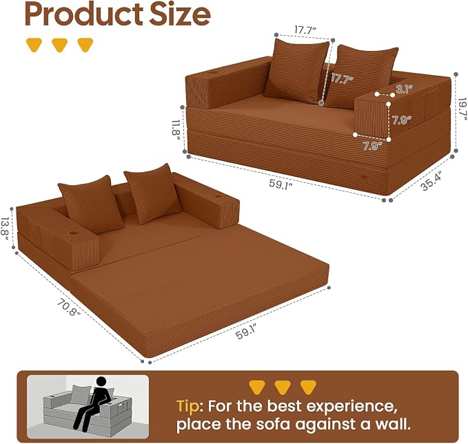 COMAX Futon Sofa Bed, 4‑in‑1 Convertible Sofa Bed, Folding Boneless Couches - Image 2