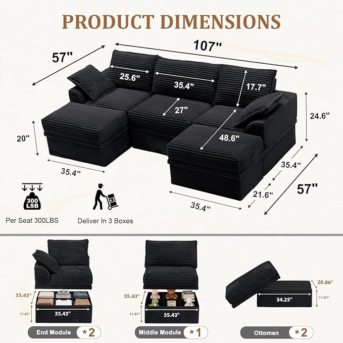 Upgrade Boneless Couch with Storage, Extra Deep&High Seat Modular Sectional - Image 3