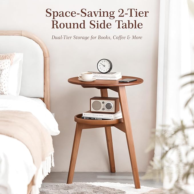 Bamboo Round Side Table, 2-Tier Small Space End Table - Image 6
