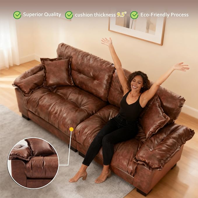 Faux Leather Sofa, Mid Century Modern Deep Loveseats, Comfy Cloud Couch - Image 7