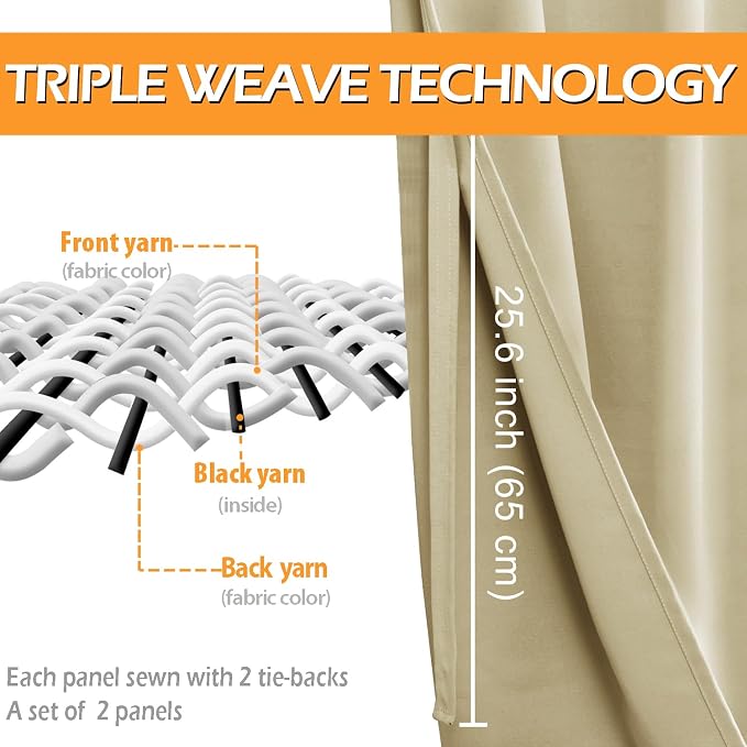Blackout Curtains for Bedroom, Light Beige, 42 x 45 Inch, 2 Panels | Thermal - Image 3