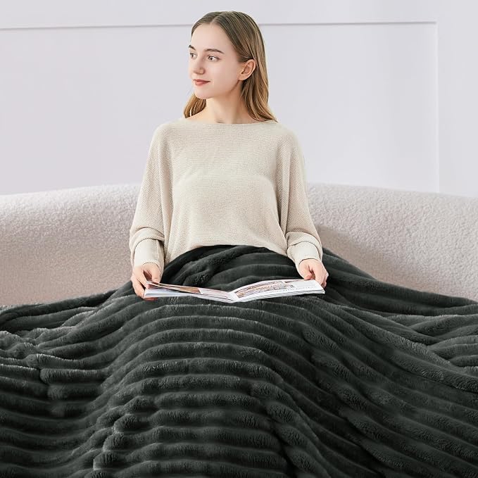 BEDELITE Striped Fleece Throw Blanket, Charcoal Grey, Soft Cozy, Lightweight - Image 3