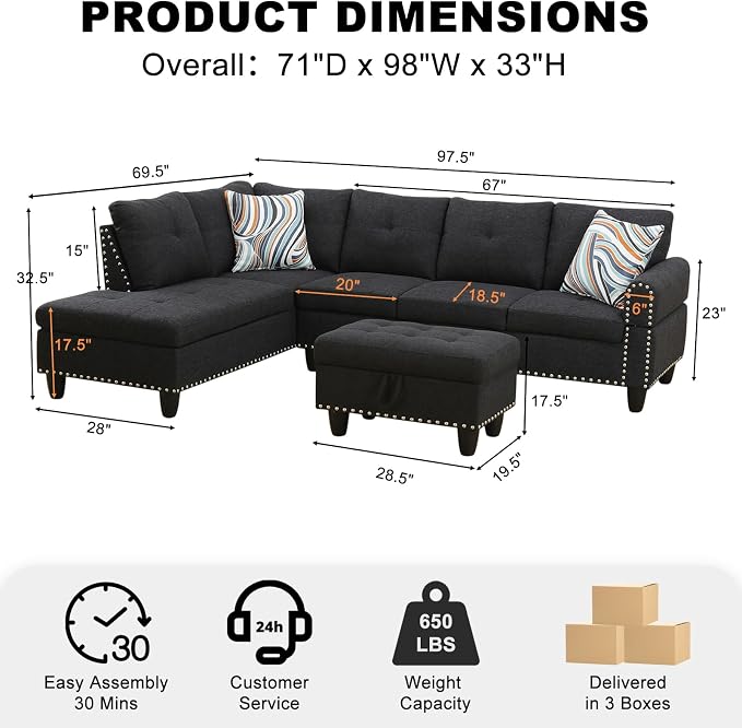 Wakefit Sectional Sofa Couch, Modern 4-Seaters Living Room Furniture Sets - Image 2
