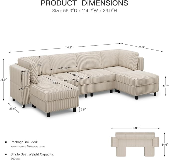 Belffin U Shaped Sectional Sofa Couch Convertible 6 Seater Corduroy Couch - Image 2