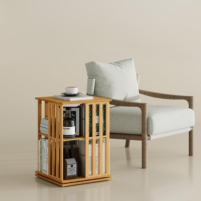 YOWOS Rotating Bookshelf Tower, 360° Display Spinning Bookcase, Bamboo by YOWOS