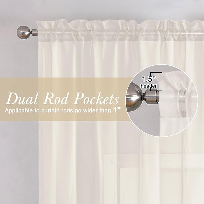 Ivory Sheer Curtains 78 Inches Long 2 Pcs, Rod Pocket Light Filtering Bedroom - Image 3