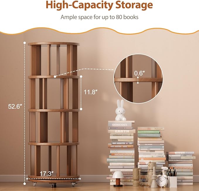 Muwuele Solid Wood Rotating Bookshelf on Wheels, 4 Tier, Round Revolving - Image 2