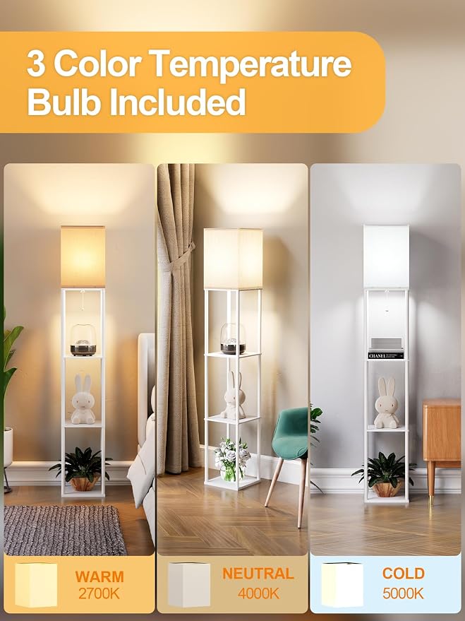 Floor Lamp with Shelves for Living Room White, Shelf Floor Lamp with 3 CCT LED - Image 3
