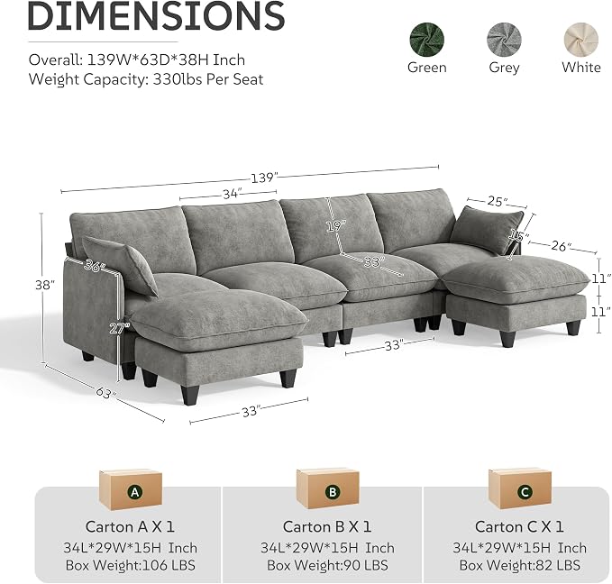 Ihanherry 139" U-Shaped Modular Sectional Couch, Oversized Cloud Sofa - Image 9