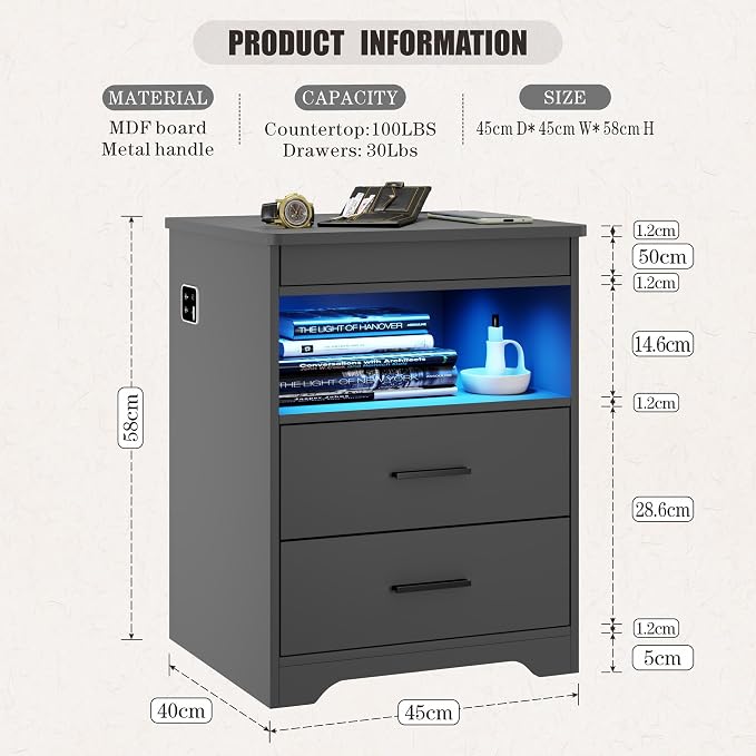 LED Night Stand with Gun Drawer, Bedside Table with Charger Station & Human - Image 2