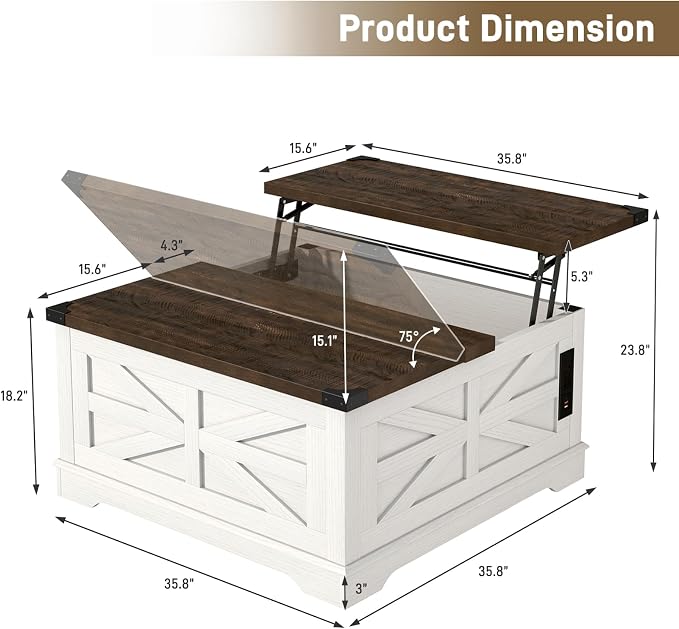 Hlivelood 36" Farmhouse Movable Lift Top Coffee Table - Image 2