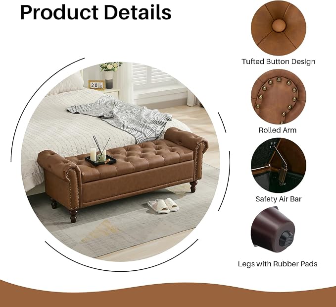 SOFTHION 58.1" Storage Bench Upholstered PU Leather End of Bedroom Bed Bench - Image 4
