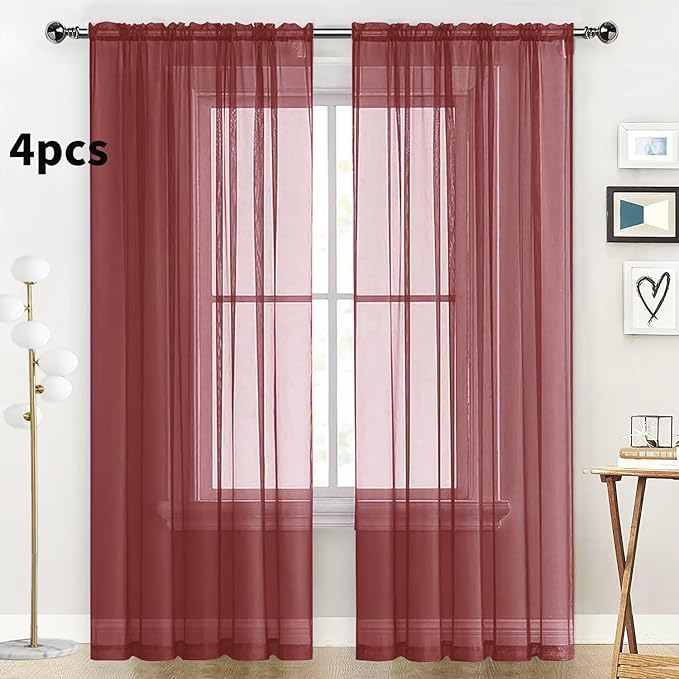SpaceDresser Burgundy Sheer Curtains 4 Panels Rod Pocket Semi-Sheer Curtain 96 - Image 2