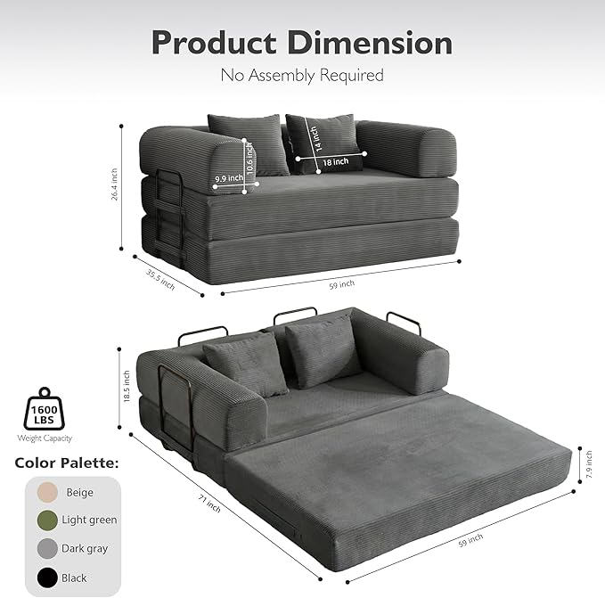 59in Convertible Sofa Bed, Corduroy Boneless Couch Bed, Futon Sleeper Sofa Pull - Image 2