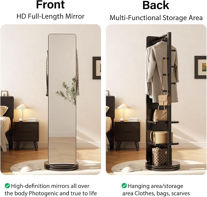 WoodsWhisper Full Length Mirror Coat Rack Solid Wood Floor Mirror 70"x16" Full - Image 8