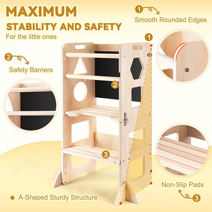 Woodure 3-in-1 Toddler Kitchen Step Stool, Foldable Learning Standing Tower - Image 3
