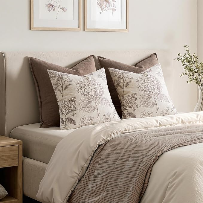 Set of 2 Lumbar Floral Pillow Covers 12x20 Inch Light Camel | Decorative - Image 6