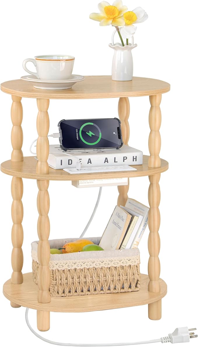 MaxSmeo End Table with Charging Station, Small Oval Side Table by MaxSmeo