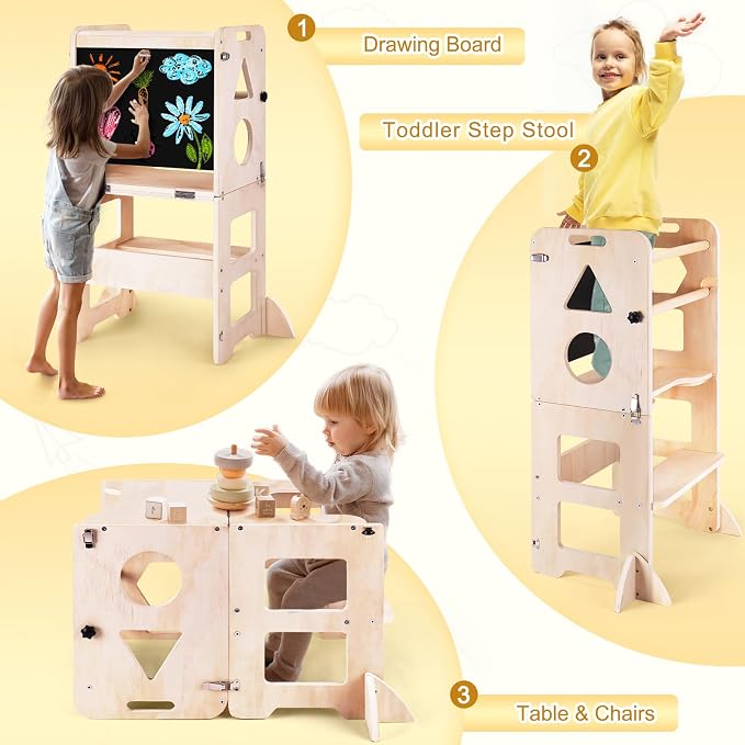 Woodure 3-in-1 Toddler Kitchen Step Stool, Foldable Learning Standing Tower - Image 4