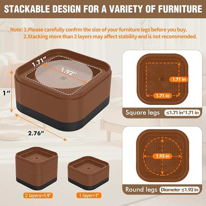 8 Pack Furniture Risers Adjustable Bed Risers Heavy Duty Lifts Height 1 or 2 - Image 2