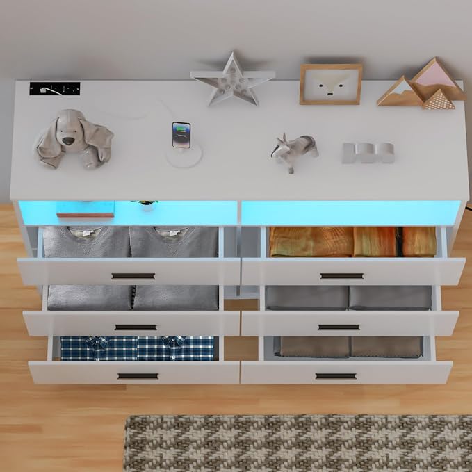 FJTJBSI Dresser with Power Outlets and LED Lights Wooden 6 Drawer Dresser with - Image 2