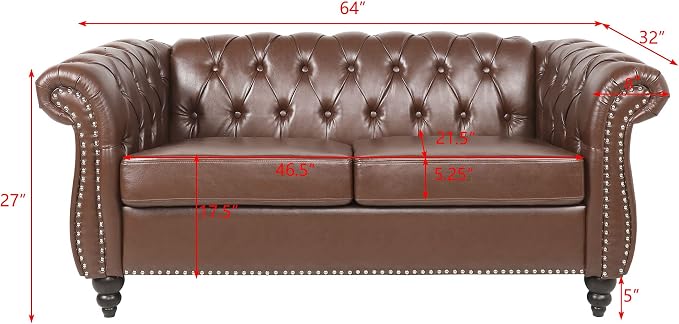 LEVNARY Leather Sofa, Chesterfield Tufted Upholstered 2 Seater Couch, Modern - Image 2