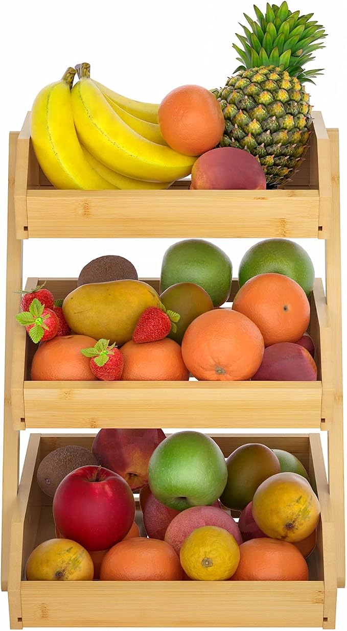 Merysen Large 3 Tier Bamboo Fruit Basket Stand - Image 6