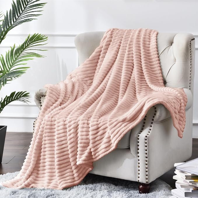 BEDELITE Ribbed Jacquard Light Pink Fleece Twin Blanket - Image 2