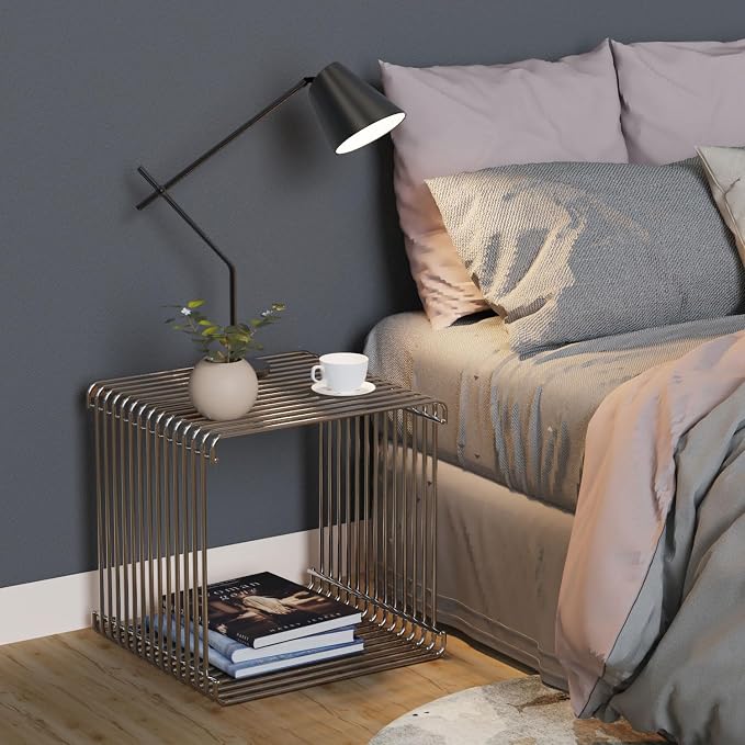 Square Geometry Retro Side Table Prime-Stainless Steel Linear Metal End Table - Image 4