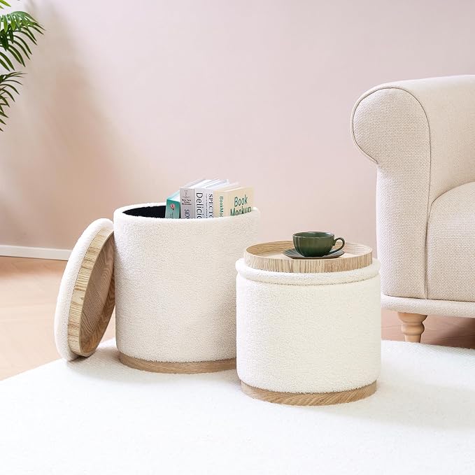 PINPLUS Round Ottoman with Storage Set of 2, Vanity Stool with Tray Storage - Image 2