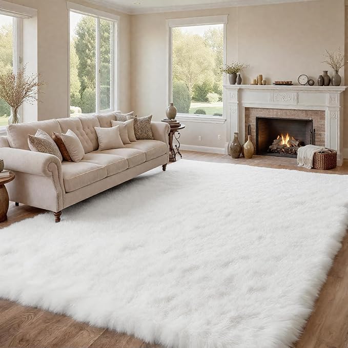 8x10 Fluffy Shag Area Rugs for Living Room Bedroom: Soft Plush Carpet White | - Image 9