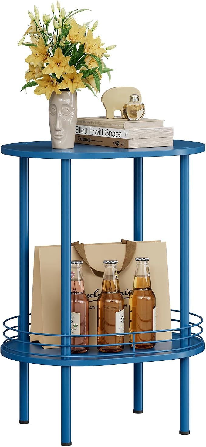DGSANDGO Blue Oval Side Table, Side Tables Living Room, 2-Tier Nightstand - Image 8