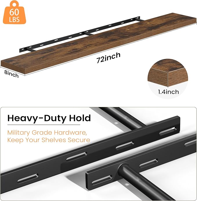 Fun Memories Floating Shelves for Wall, 72 Inch Long Set of 2 Rustic Wood Wall - Image 4