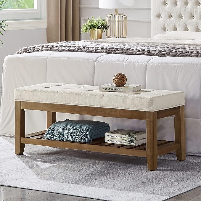 24KF Large Rectangular Upholstered Tufted Linen Ottoman Bench, Padded Bench by WEMARTHOMEDECOR