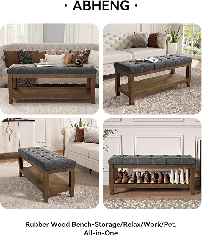 ABHENG Solid Rubber Wood Shoe Bench, Soft Chenille Material Upholstered Seat - Image 7