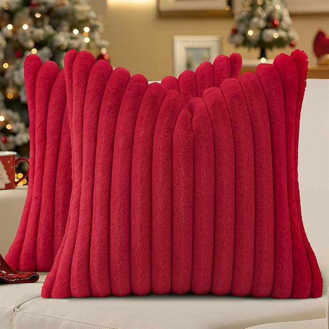 decorUhome Fall Faux Fur Throw Pillow Covers 26x26 Set of 2 Red | Decorative by decorUhome