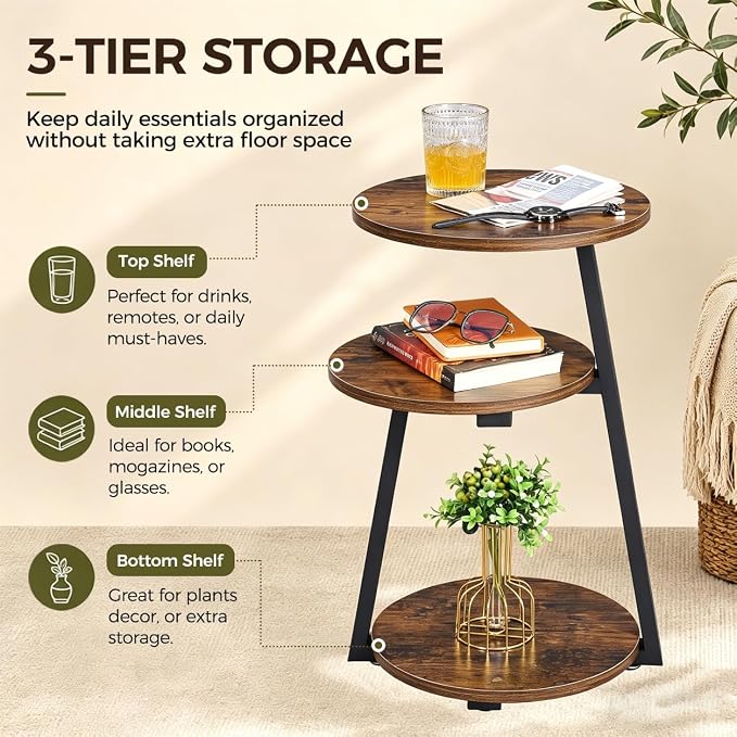 BEWISHOME Round Side Table, 3-Tier End Table, Nightstand - Image 4