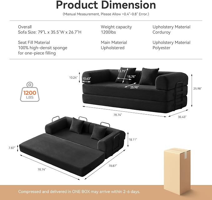 Convertible Sleeper Bed with 2 Cylindrical Pillow, Comfy Foldable Bed - Image 2