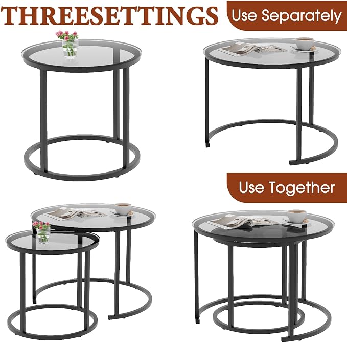 aboxoo Nesting Coffee Table Grey Glass Table Set of 2, Small Round Glass - Image 6