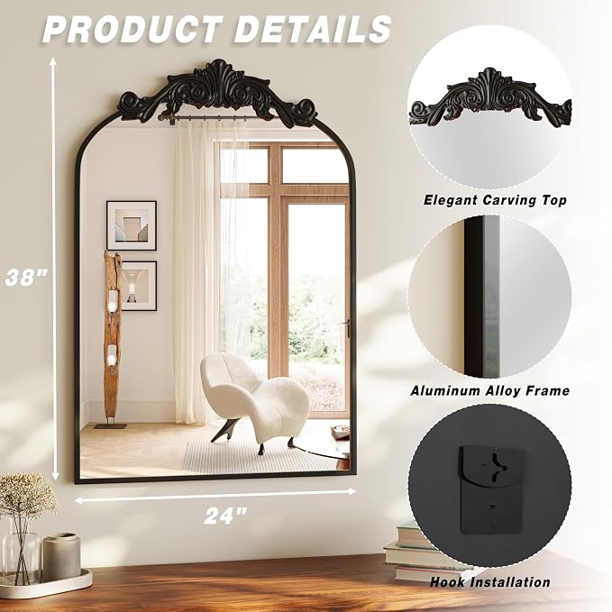 VooBang Vintage Arched Bathroom Mirror, 24x36 Inch Retro Wall Mounted Vanity - Image 4