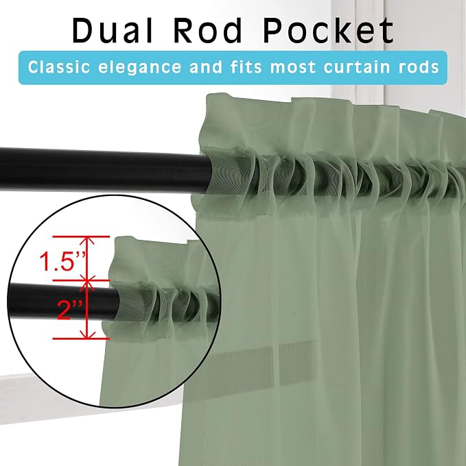 Sage Green Sheer Curtains 36 Inches 2 Panels Set - Image 2