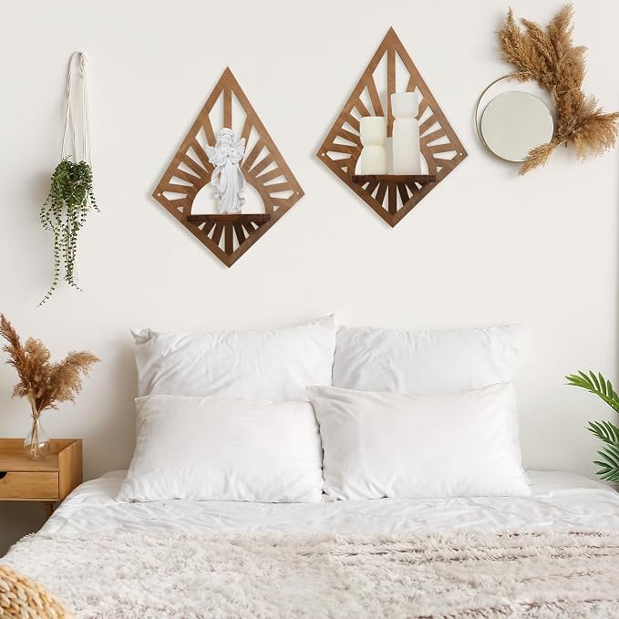 Menkxi Set of 2 Boho Wall Decor Wooden Boho Floating Shelves Vintage Mid - Image 2