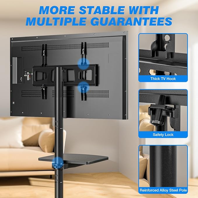 Rolling TV Stand with Shelf for 23-65 inch TVs up to 88lbs, Portable Mobile TV - Image 6